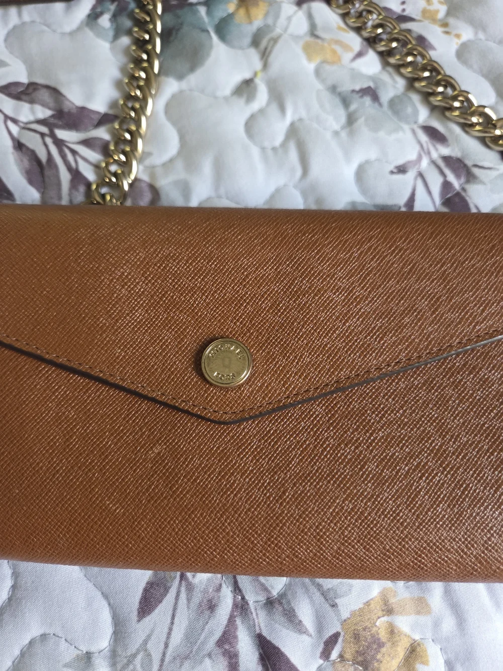 Michael Kors Brown Saffiano Leather Crossbody Wallet with Gold Chain